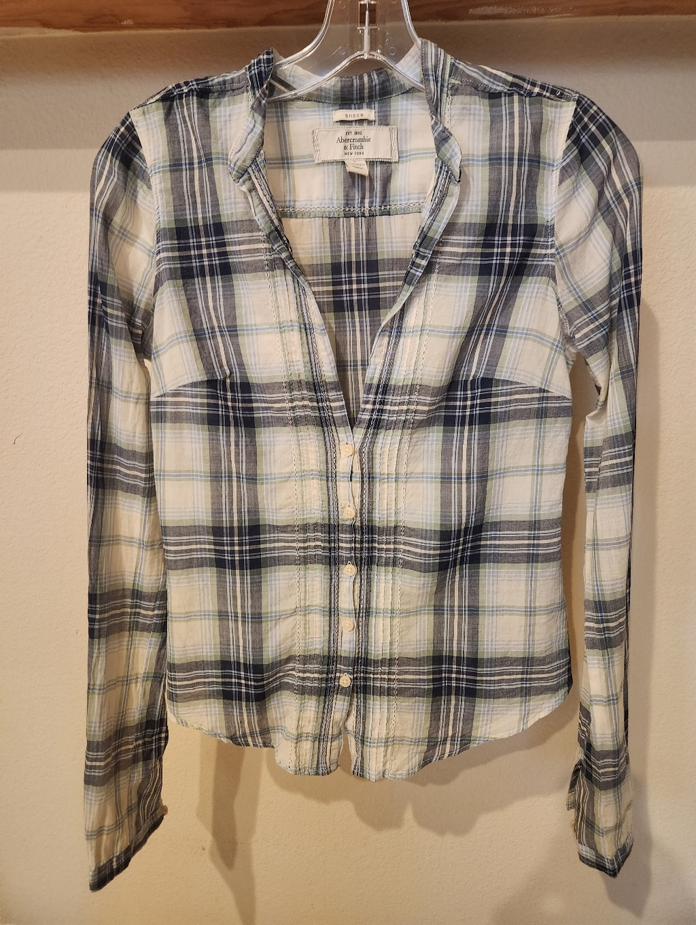 Abercrombie & Fitch Plaid Sheer Shirt in Navy, Cream & Light Green With Back Tie